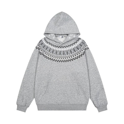 Unisex Oversize Hoodie with Nordic Round Yoke Jacquard, Kangaroo Pocket and Ribbed Cuffs EVA-US