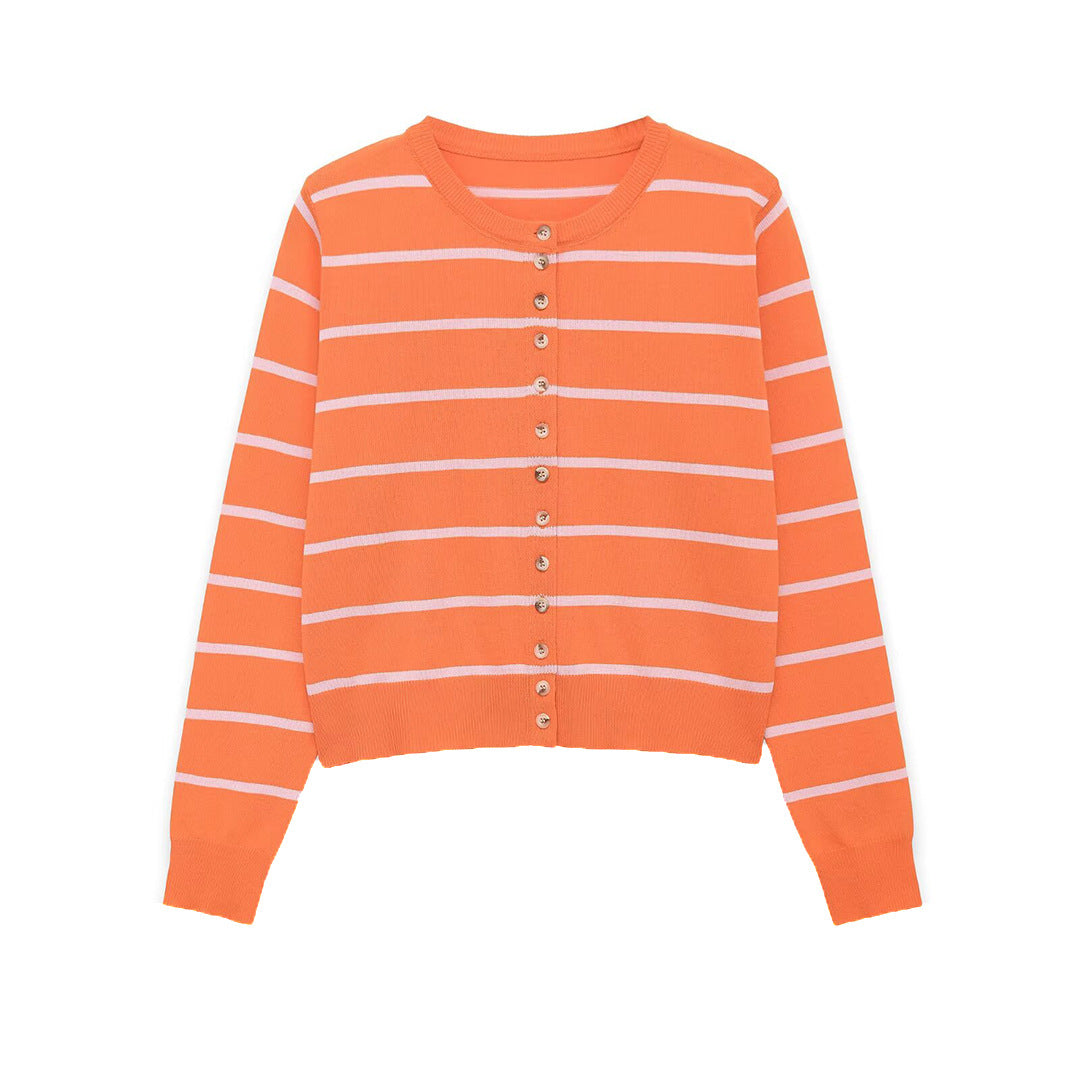 Women's Short-Cut Fine Knit Cardigan with Horizontal Stripes and Mother-of-Pearl Buttons EVA-US