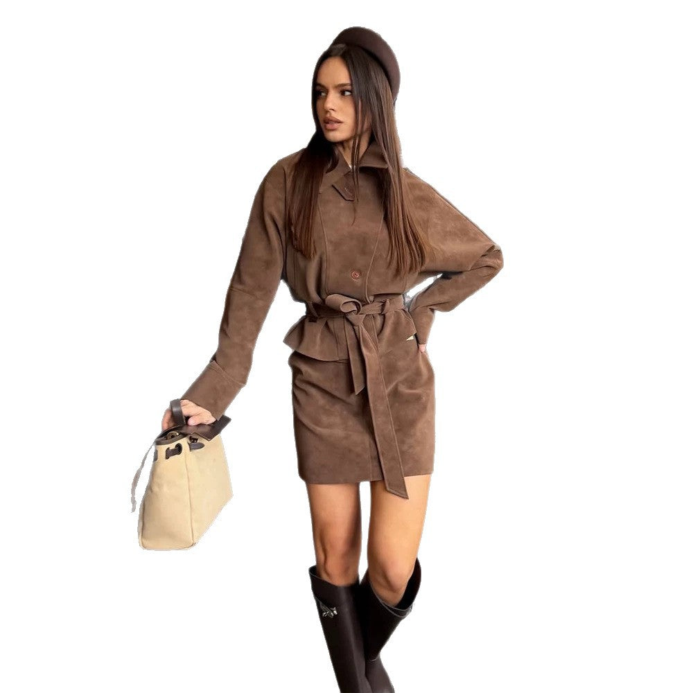 Women's Short Suede Set: Tailored Blouson with Stand Collar & Matching Mini Skirt EVA-US