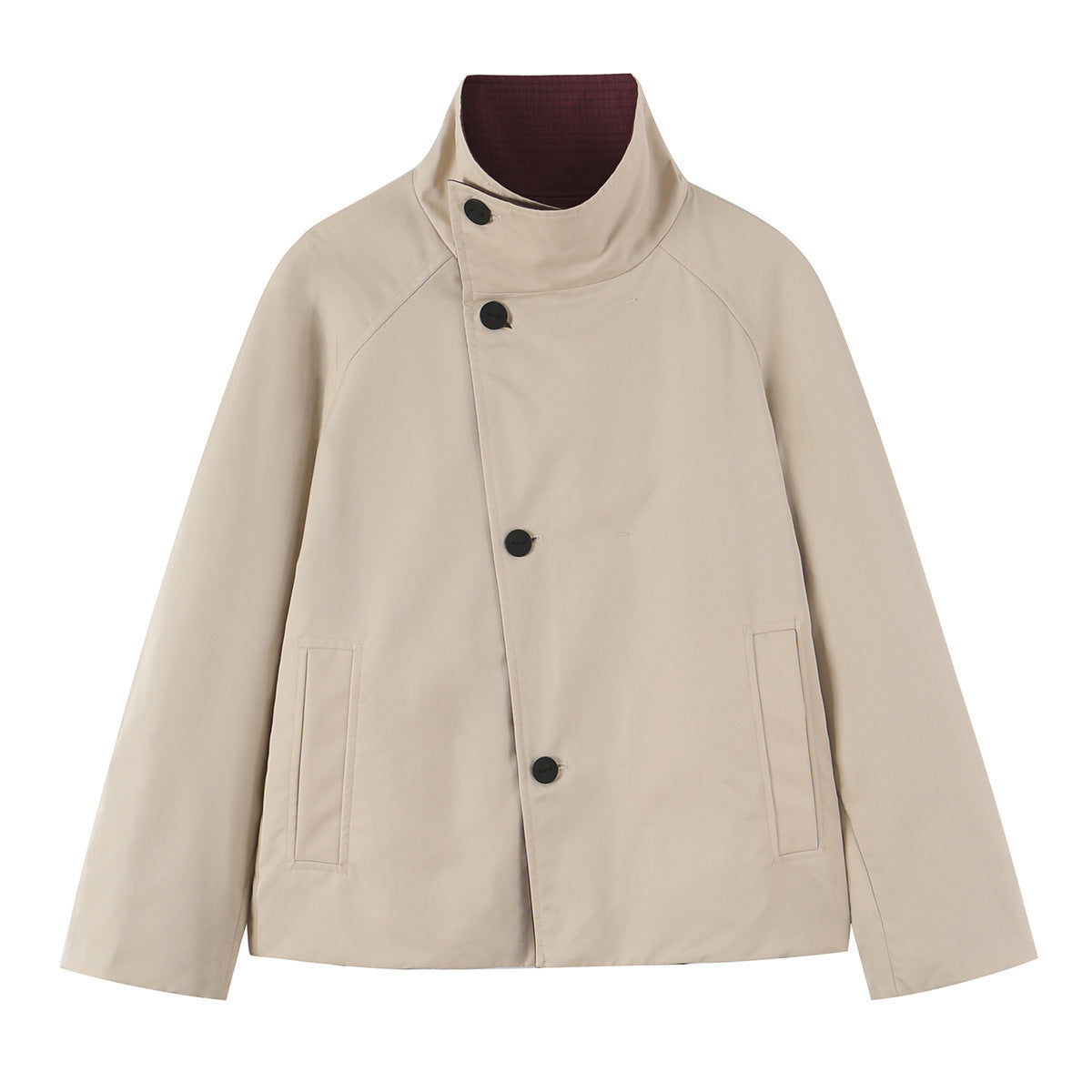 Women's short jacket with high stand-up collar and asymmetrical button placket EVA-US