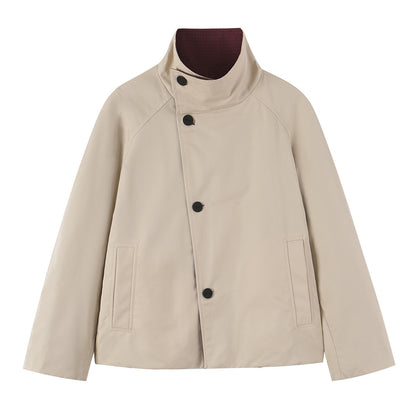 Women's short jacket with high stand-up collar and asymmetrical button placket EVA-US