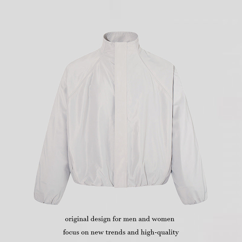 Women's cropped stand collar blouson jacket with elastic hem and concealed zipper EVA-US