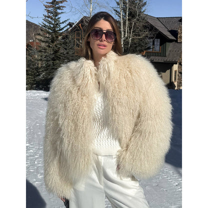 Women's Cozy Short Jacket in Lambskin Look with Curly Long Pile Structure EVA-US