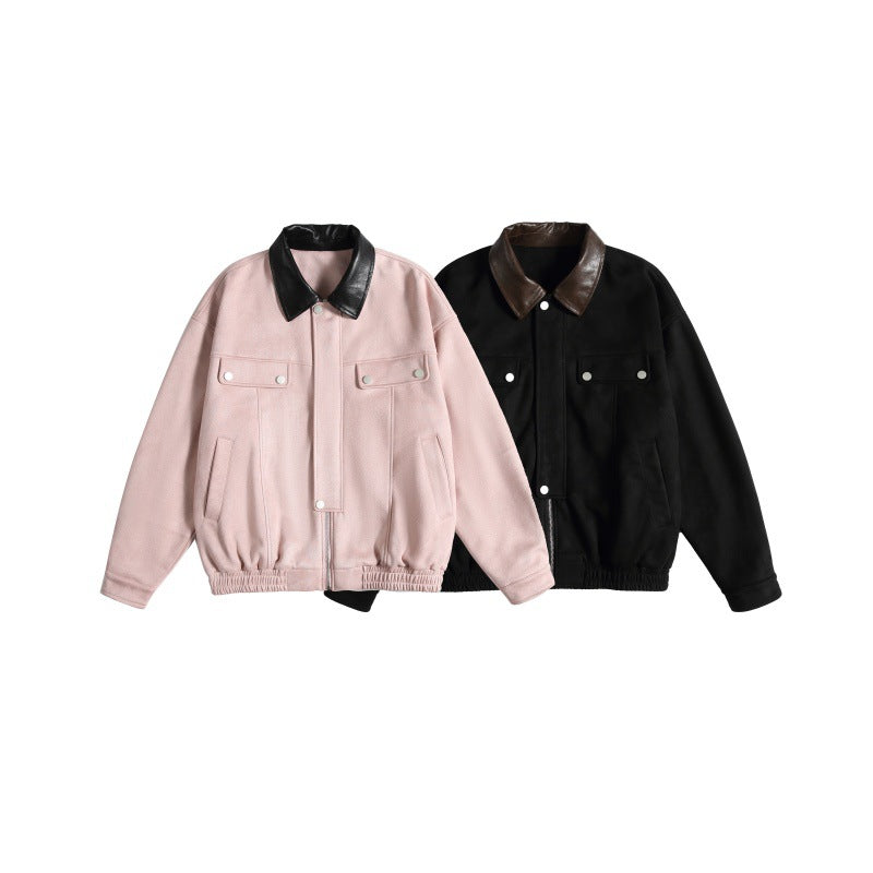 Women's short cut boxy bomber jacket with contrasting faux leather collar EVA-US