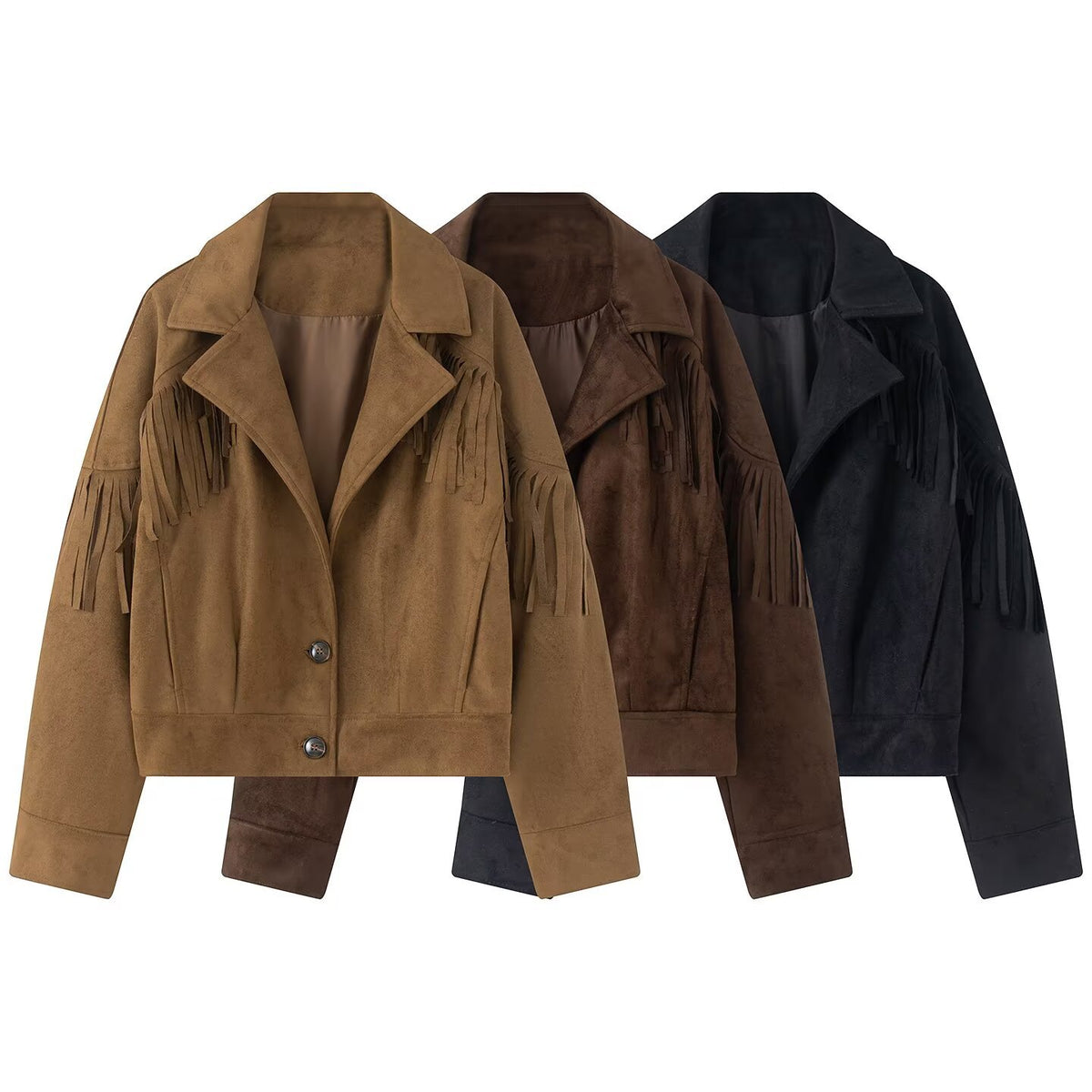 Women's short jacket in suede look with fringe trim and shirt collar EVA-US