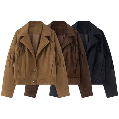 Women's short jacket in suede look with fringe trim and shirt collar EVA-US