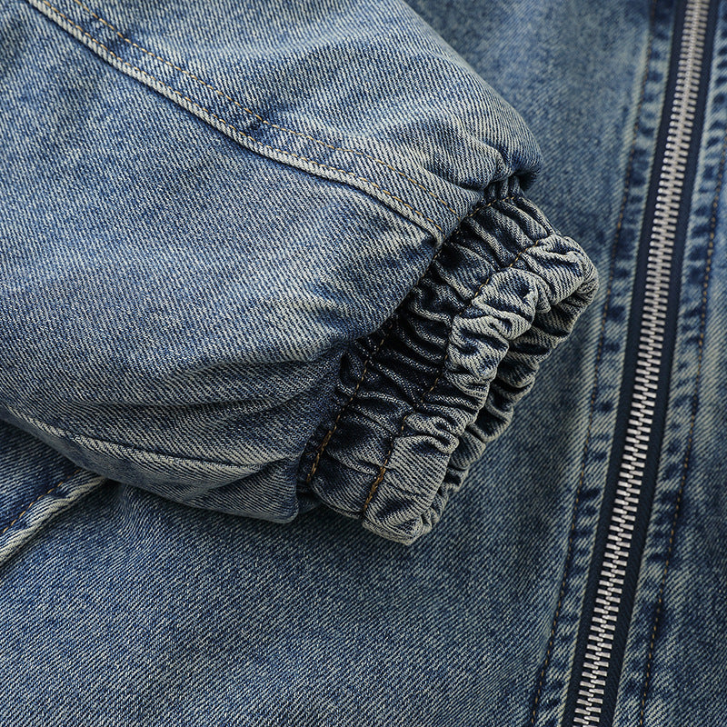 Unisex Boxy Denim Jacket with Full Zip, Elastic Hem and Sleeve Utility Pocket EVA-US