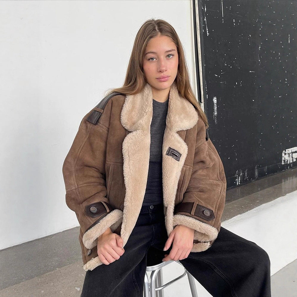 Women Oversize Shearling-Faux Pilot Jacket with Contrasting Trimmings & Buckle Details EVA-US