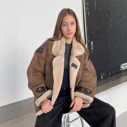 Women Oversize Shearling-Faux Pilot Jacket with Contrasting Trimmings & Buckle Details EVA-US