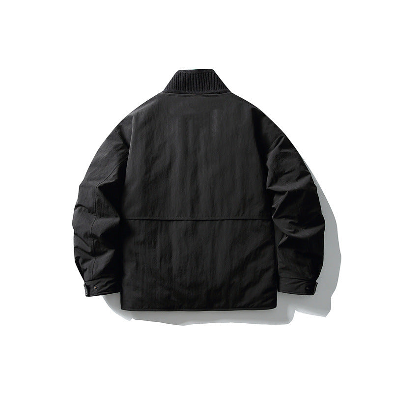 Men's Oversized Padded Leisure Jacket with Ribbed Collar and Snap Button Placket EVA-US