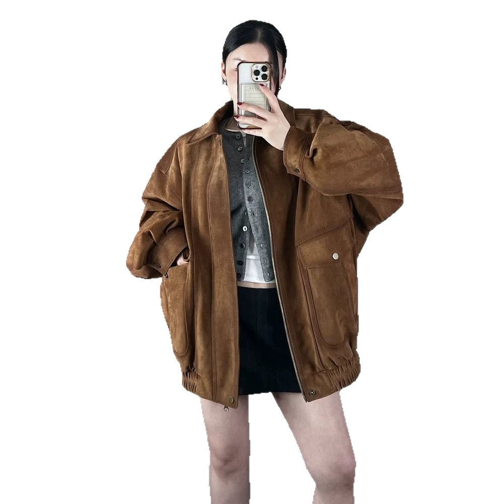 Women's Oversized Suede Bomber Jacket with Elastic Hem EVA-US