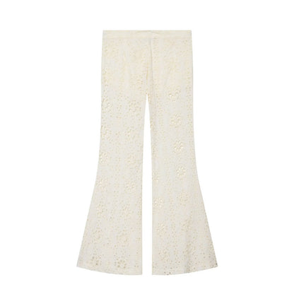 Women's Wide Broderie-Anglaise Flared Trousers with High Waist and Flared Leg EVA-US