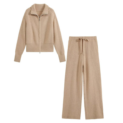 Women's Two-Piece Knit Set with Zipper Cardigan, Stand Collar and Wide Leg Trousers