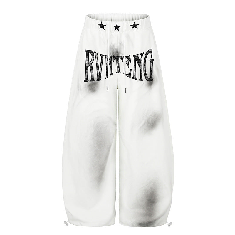 Women's Extra Wide Palazzo Sweatpants with Drawstring Waistband, Star Appliqué and Soft Tie-Dye Effect EVA-US