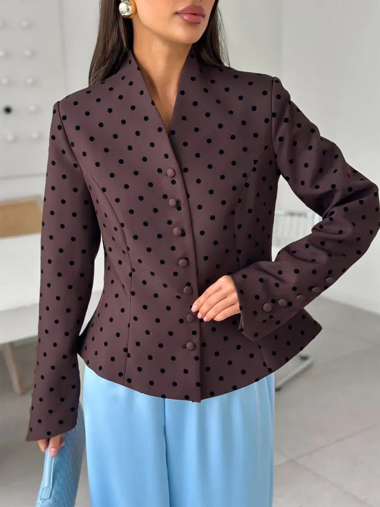 Women's Tailored Stand Collar Blazer with Polka Dot Pattern and Concealed Button Placket EVA-US