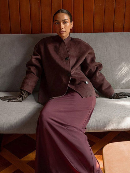 Women's short coat made of wool blend with boxy silhouette and distinctive button placket EVA-US
