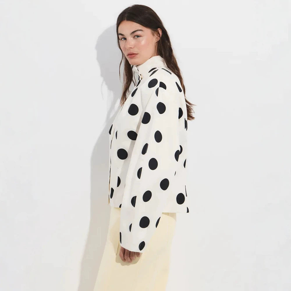 Women's Polka Dot Stand Collar Blouse with Oversized Sleeves and Boxy Cropped Silhouette EVA-US