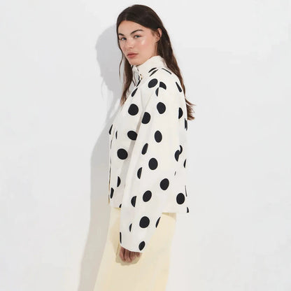 Women's Polka Dot Stand Collar Blouse with Oversized Sleeves and Boxy Cropped Silhouette EVA-US