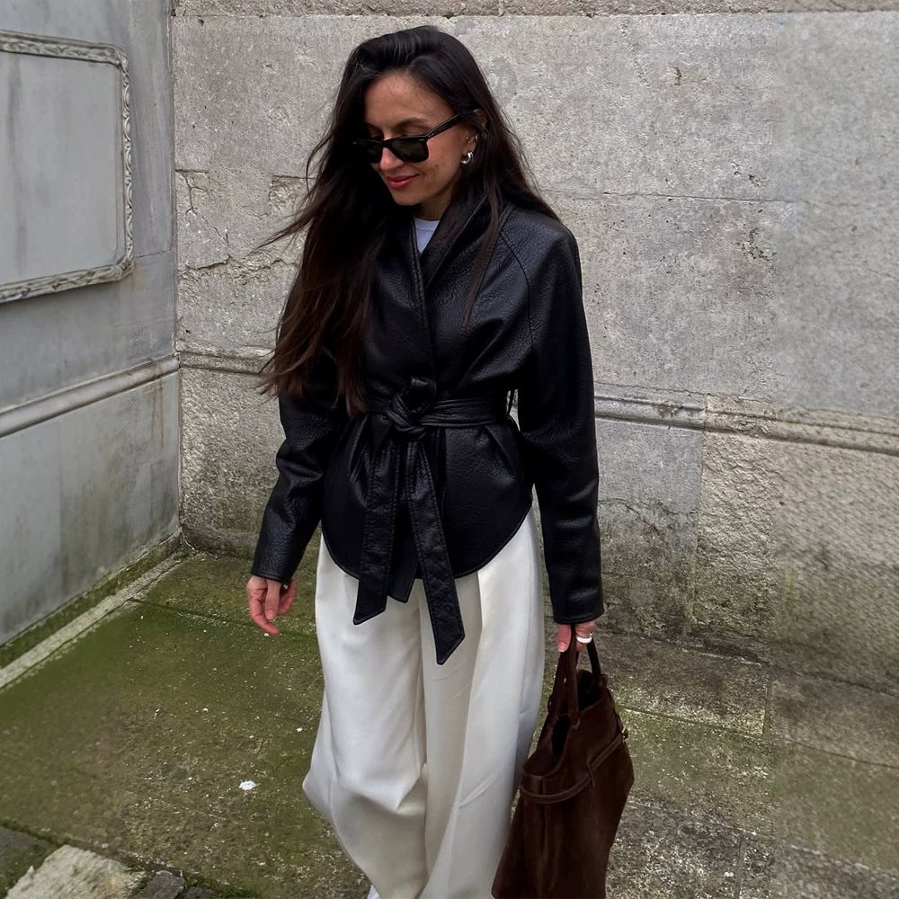 Women's Tailored Wrap Blouson in Structured Leather Look with Tie Belt EVA-US