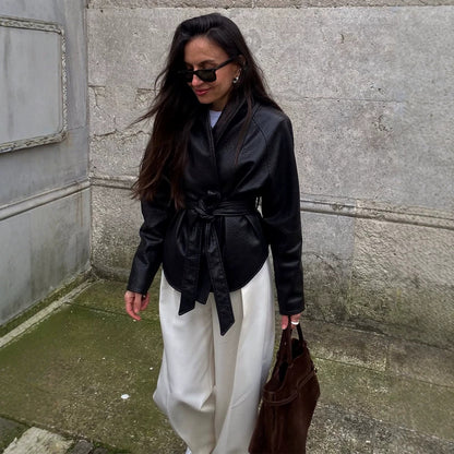 Women's Tailored Wrap Blouson in Structured Leather Look with Tie Belt EVA-US