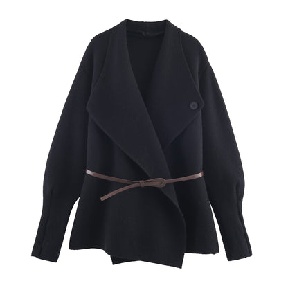 Women's Short Cut Wool Blend Cardigan Coat with Wide Shawl Collar and Narrow Tie Belt EVA-US