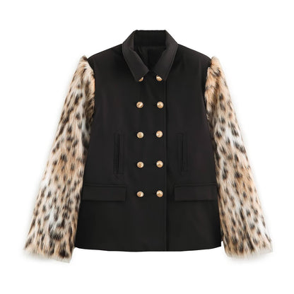 Women's Double-Breasted Short Jacket with Faux Fur Sleeves EVA-US