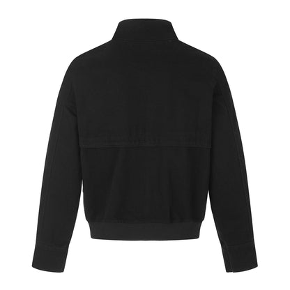 Women's short jacket in boxy cut with stand-up collar, buckle straps, and flap pockets.