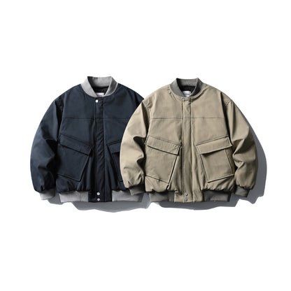 Unisex Short Boxy Quilted Bomber Jacket in Utility Look with Ribbed Collar EVA-US