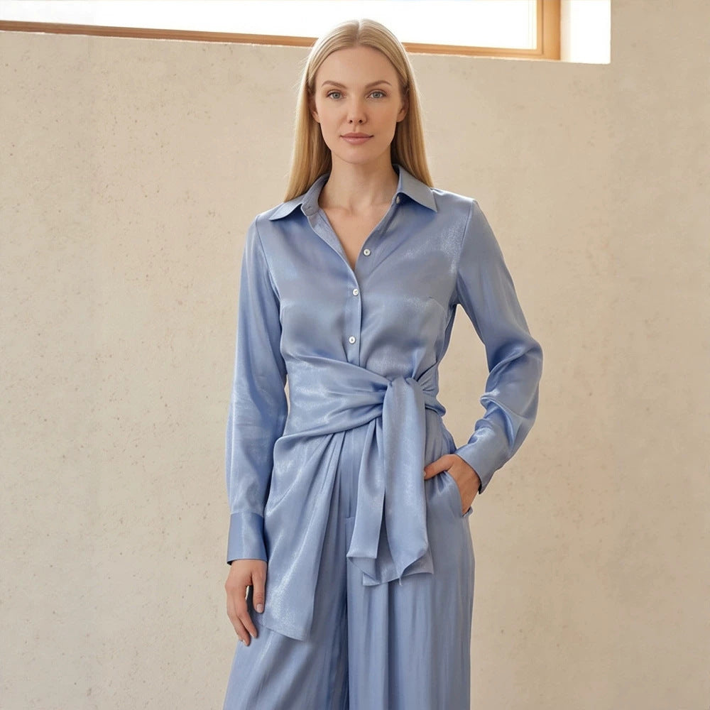 Ladies Two-Piece Silky Shirt and Palazzo Set with Wrap Waist EVA-US