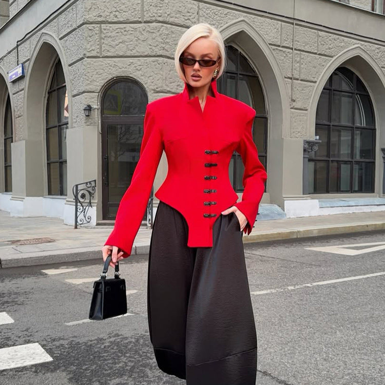 Women Tailored Stand Collar Blazer with Corset Tailoring EVA-US
