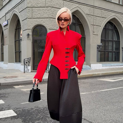 Women Tailored Stand Collar Blazer with Corset Tailoring EVA-US