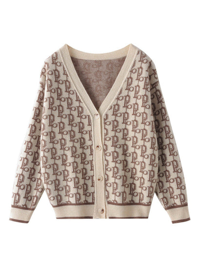 Women's Patterned Jacquard Knitted Cardigan with V-Neck and Pearl Buttons EVA-US