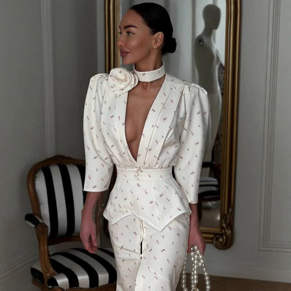 Women tailored pantsuit set with deep V-neck, structured peplum waist, and fine floral jacquard EVA-US