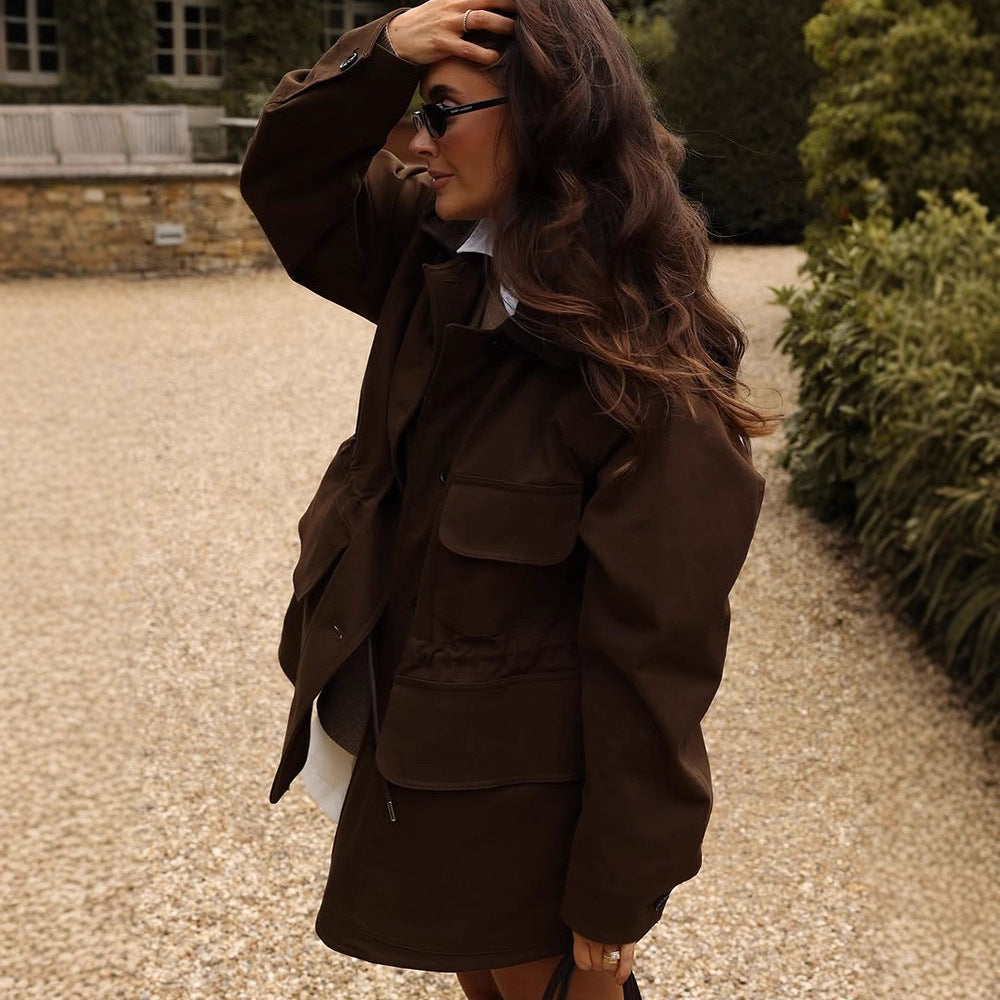 Women's Oversize Field Jacket with Flap Pockets and Waist Drawstring
