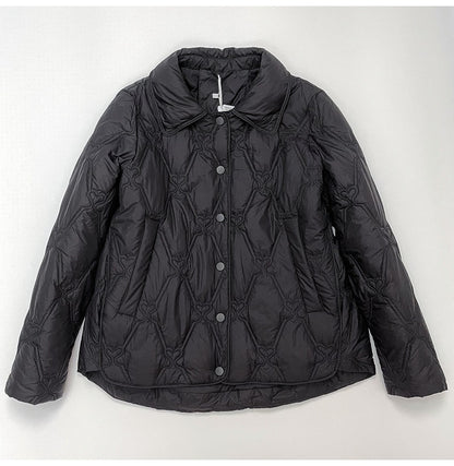 Women Short Cut Quilted Jacket with Decorative Stitching and Rounded Hem EVA-US