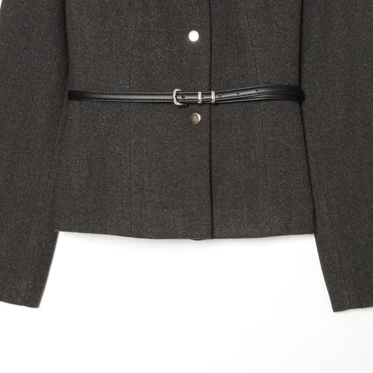 Women's short jacket made of wool blend with round neck, snap button closure and narrow waist belt EVA-US