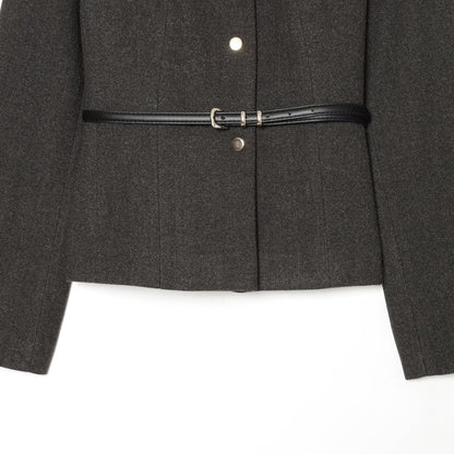 Women's short jacket made of wool blend with round neck, snap button closure and narrow waist belt EVA-US