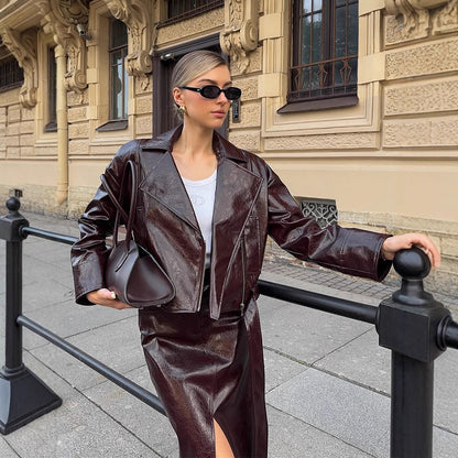 Women's Patent Leather Biker Jacket with Oversized Lapels, Boxy Cut & Visible Zipper EVA-US