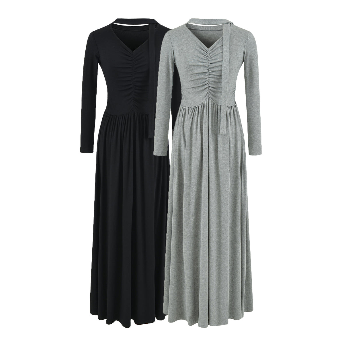 Women Long Jersey Maxi Dress with Gathering, V-Neck and Tied Scarf EVA-US