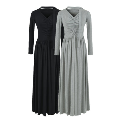 Women Long Jersey Maxi Dress with Gathering, V-Neck and Tied Scarf EVA-US