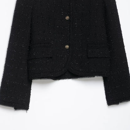 Women's Short Bouclé Tweed Jacket without Collar with Gold Decorative Buttons EVA-US