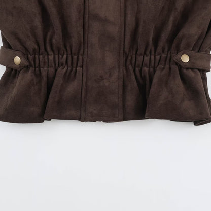 Women's Short Velvet-Look Jacket with Drawstring Waist, High Stand-Up Collar and Adjustable Cuffs EVA-US