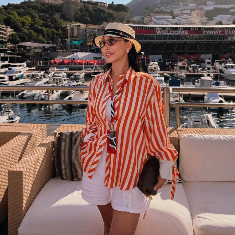 Women Striped Oversize Shirt Blouse with Contrasting Cuffs & Knot Ends EVA-US