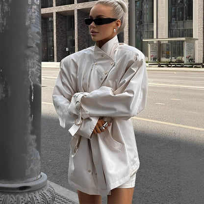 Women’s short trench coat in oversized look with extra wide lapel and snap button closure EVA-US