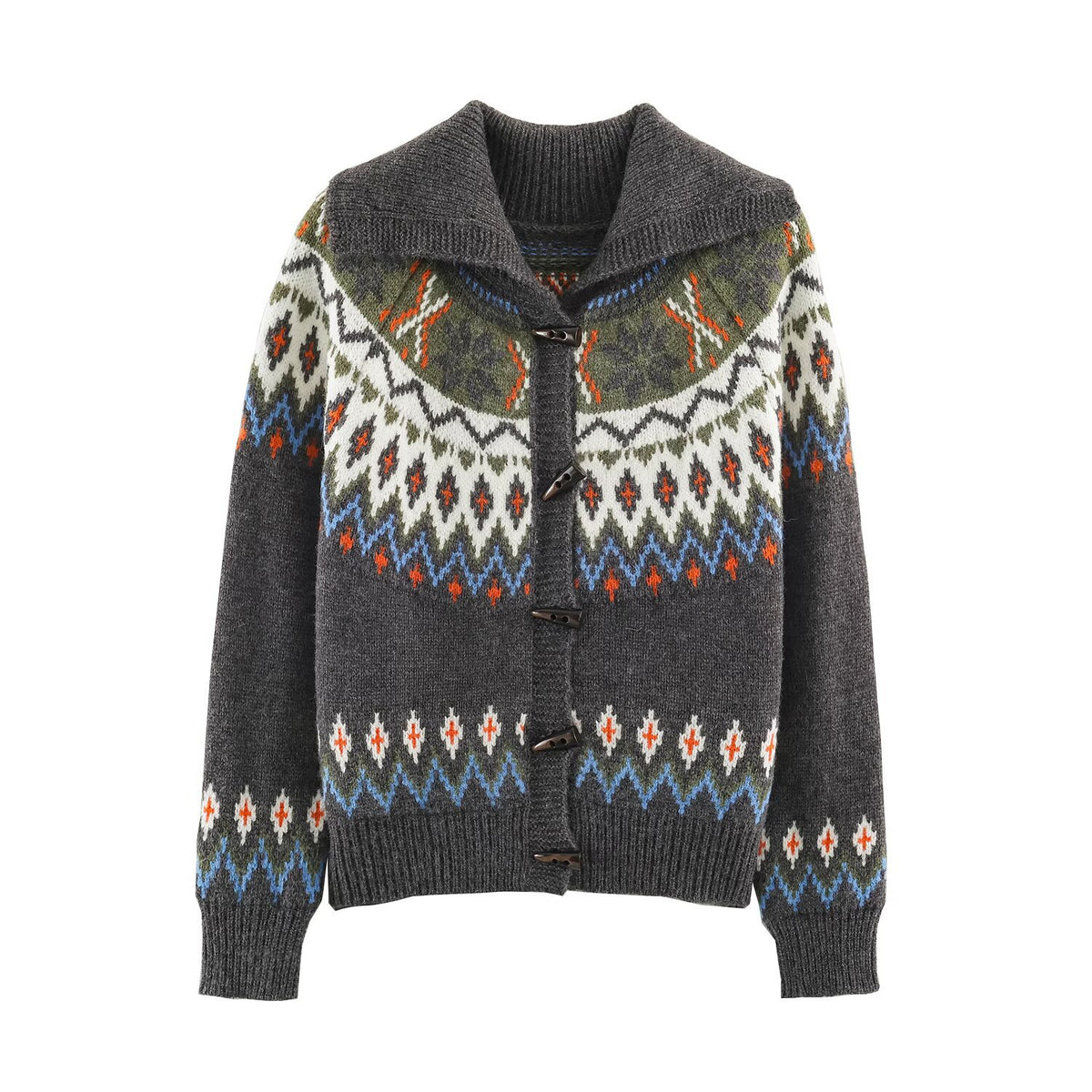 Women Chunky Knit Norwegian Cardigan with Shawl Collar and Horn Button Placket EVA-US