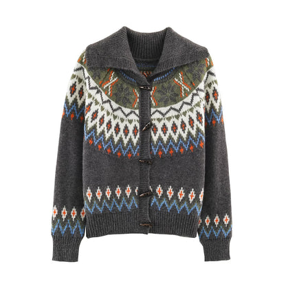 Women Chunky Knit Norwegian Cardigan with Shawl Collar and Horn Button Placket EVA-US