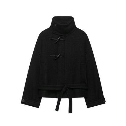 Women Short Duffle Cape Jacket with Stand-up Collar, Toggle Closures and Waist Belt EVA-US