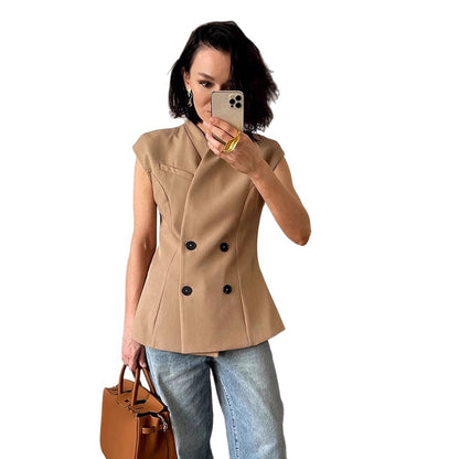 Women Sleeveless Tailored Blazer Vest with Double Button Placket & Structured Shoulder Area EVA-US