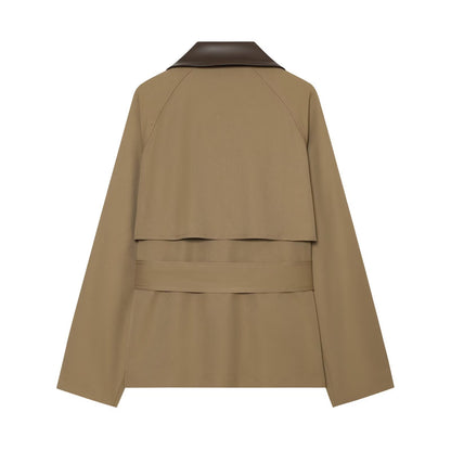 Women Short Trench Coat with Waist Belt and Contrast Collar EVA-US