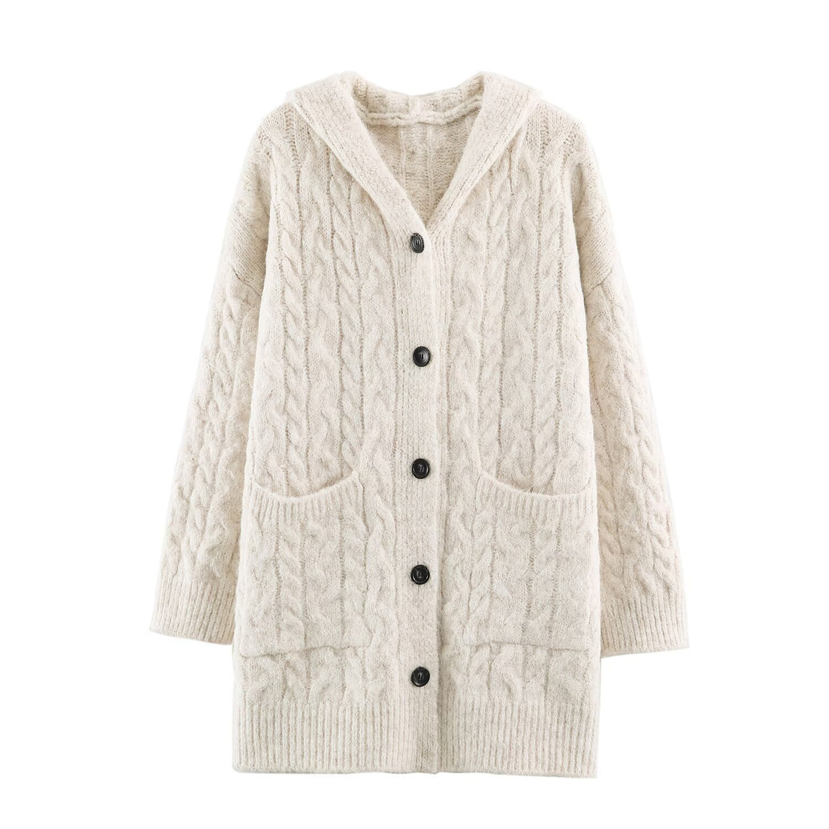 Women's Long Knitted Hooded Cardigan with Cable Pattern and Button Placket EVA-US